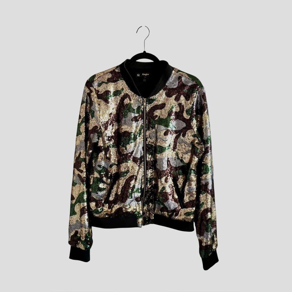 RETRO 1980s G by Guess Sequin Camo Bomber Jacket